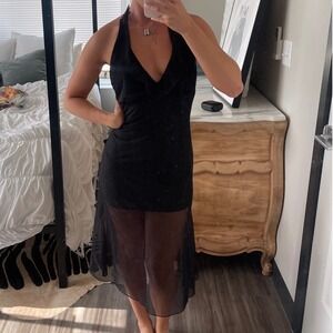 Betsey Johnson Black Halter Midi Dress with Sheer Overlay